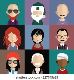 Set of 9 people icons in flat style with faces. Vector women, men character