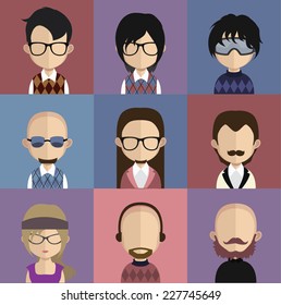 Set of 9 people icons in flat style with faces. Vector women, men character