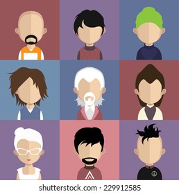 Set of 9 people icons in flat style with faces. Vector women, men character