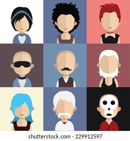 Set of 9 people icons in flat style with faces. Vector women, men character