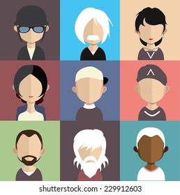 Set of 9 people icons in flat style with faces. Vector women, men character