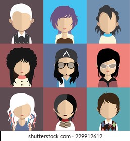 Set of 9 people icons in flat style with faces. Vector women, men character