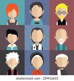 Set of 9 people icons in flat style with faces. Vector women, men character