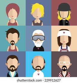 Set of 9 people icons in flat style with faces. Vector women, men character