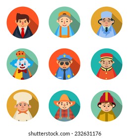 set of 9 people icons in flat style vector profession character. businessman, mechanic, doctor, clown, policeman, doorman, chef, farmer, fireman