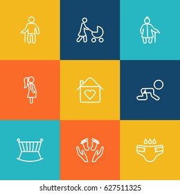 Set Of 9 People Outline Icons Set.Collection Of Grangmother, Stroller, Home And Other Elements.