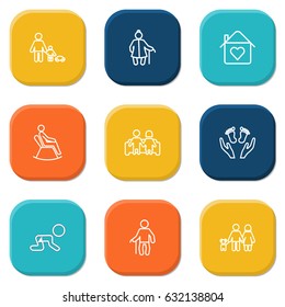 Set Of 9 People Outline Icons Set.Collection Of Care, Home, Lovers And Other Elements.