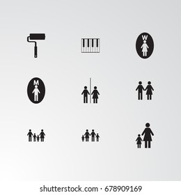 Set of 9 perfect miscellaneous icons. Vector illustration. Includes roller, piano, wc, family, man, women, child, kids