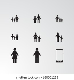 Set of 9 perfect miscellaneous icons. Vector illustration. Includes male, female, family, child, baby, kids, phone vectors.