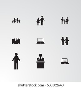 Set of 9 perfect miscellaneous icons. Vector illustration. Includes laptop,family, child, baby, man, female, speaker vectors.