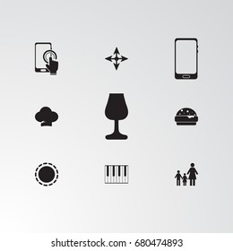 Set of 9 perfect miscellaneous icons. Vector illustration. Includes piano, sticker, family, female, male, burger, arrow, phone vectors.