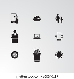Set of 9 perfect miscellaneous icons. Vector illustration. Includes family, man, women, laptop,arrow, click,  group, phone  vectors.