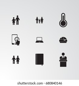 Set of 9 perfect miscellaneous icons. Vector illustration. Includes steaker,family, man, women, laptop,arrow, click,  group, phone  vectors.