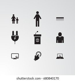 Set of 9 perfect miscellaneous icons. Vector illustration. Includes family, man, women, laptop,arrow, click,  group  vectors.