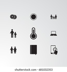 Set of 9 perfect miscellaneous icons. Vector illustration. Includes laptop,  vectors.