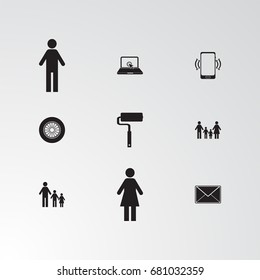 Set of 9 perfect miscellaneous icons. Vector illustration. Includes laptop,  vectors.