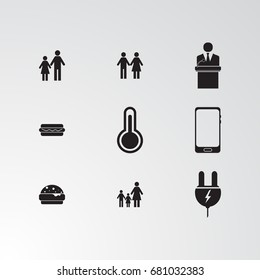 Set of 9 perfect miscellaneous icons. Vector illustration. Includes thermometer, speaker,   vectors.