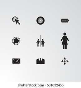 Set of 9 perfect miscellaneous icons. Vector illustration. Includes arrow, click,  vectors.