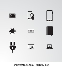 Set of 9 perfect miscellaneous icons. Vector illustration. Includes laptop,  vectors.