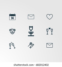 Set of 9 perfect miscellaneous icons. Vector illustration. Includes message, envelope, heart search, calendar,  vectors.