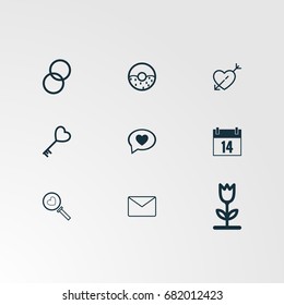 Set of 9 perfect miscellaneous icons. Vector illustration. Includes message, envelope, heart search, calendar,  vectors.