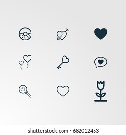 Set of 9 perfect miscellaneous icons. Vector illustration. Includes message, envelope, heart search, vectors.