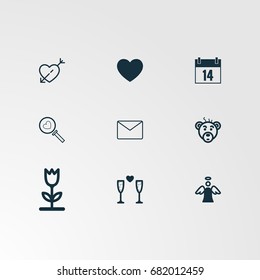 Set of 9 perfect miscellaneous icons. Vector illustration. Includes message, envelope, heart search, calendar,  vectors.