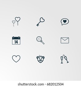 Set of 9 perfect miscellaneous icons. Vector illustration. Includes message, envelope, heart search, calendar,  vectors.
