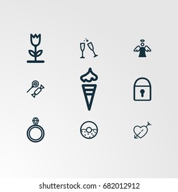 Set of 9 perfect miscellaneous icons. Vector illustration. Includes message, envelope, heart search, ice cream vectors.