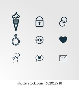 Set of 9 perfect miscellaneous icons. Vector illustration. Includes message, envelope, heart search, ice cream vectors.