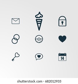 Set of 9 perfect miscellaneous icons. Vector illustration. Includes message, envelope, heart search, ice cream vectors.