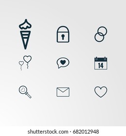 Set of 9 perfect miscellaneous icons. Vector illustration. Includes message, envelope, heart search, ice cream vectors.