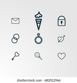 Set of 9 perfect miscellaneous icons. Vector illustration. Includes message, envelope, heart search, ice cream vectors.