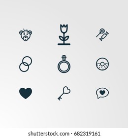 Set of 9 perfect miscellaneous icons. Vector illustration. Includes heart chat, heart key, heart, donut, candy, flower, ring vectors.