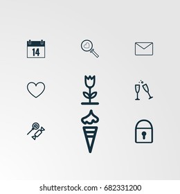 Set of 9 perfect miscellaneous icons. Vector illustration. Includes calendar, search heart, message, heart, flower, wine glass, candy, ice cream, lock vectors.