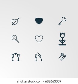 Set of 9 perfect miscellaneous icons. Vector illustration. Includes ice cream, wine glass, candy, flower, seart heart, heart, heart key vectors.