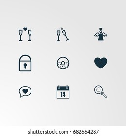 Set of 9 perfect miscellaneous icons. Vector illustration. Includes ice cream, wine glass, angel, search heart, calendar, donut, heart, lock  vectors.