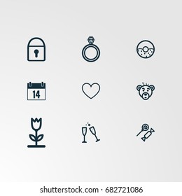 Set of 9 perfect miscellaneous icons. Vector illustration. Includes heart, wine glass, candy, calendar, flower, donut, lock, ring, diamond vectors.