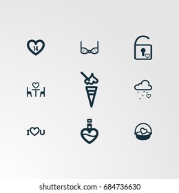 Set of 9 perfect miscellaneous icons. Vector illustration. Includes ice cream, heart, unlock, cloud, parfume, donut vectors.