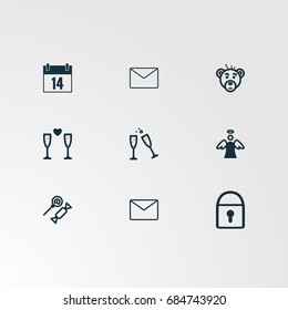 Set of 9 perfect miscellaneous icons. Vector illustration. Includes ice cream, wine glass angel, candy, message vectors.