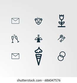 Set of 9 perfect miscellaneous icons. Vector illustration. Includes ring, message, flower, bear head, ice cream, ring, wine glass, candy vectors.