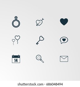 Set of 9 perfect miscellaneous icons. Vector illustration. Includes heart, ring, heart balloon, heart key, heart chat, message, search, calendar vectors.