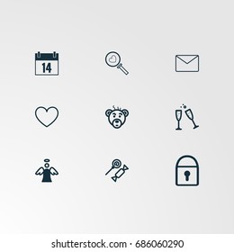 Set of 9 perfect miscellaneous icons. Vector illustration. Includes heart, panda, message, search, zoom, calendar, lock, candy, angel vectors.