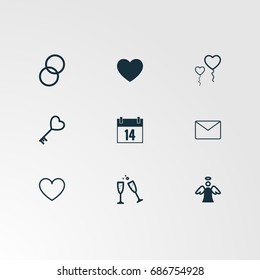 Set of 9 perfect miscellaneous icons. Vector illustration. Includes heart, ring, heart balloon, message, calendar, heart keys, wine glass, angel vectors.