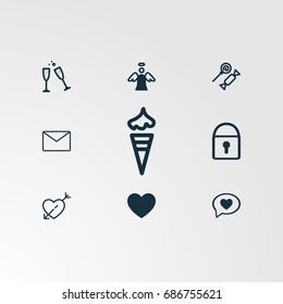 Set of 9 perfect miscellaneous icons. Vector illustration. Includes heart,candy, angel, wine glass, lock, heart chat, message, ice cream vectors.
