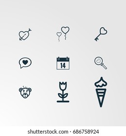 Set of 9 perfect miscellaneous icons. Vector illustration. Includes heart, heart balloon, heart key, calendar, heart chat, search, zoom, flower, ice cream, bear vectors.