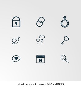 Set of 9 perfect miscellaneous icons. Vector illustration. Includes heart, lock, diamond, heart balloon, heart key, calendar, search, heart chat vectors.