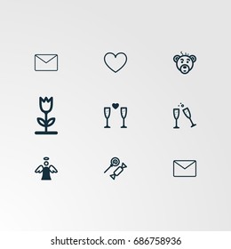Set of 9 perfect miscellaneous icons. Vector illustration. Includes heart, flower, bear, message, candy, angel, wine glass vectors.