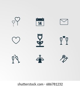 Set of 9 perfect miscellaneous icons. Vector illustration. Includes heart, flower, message, calendar, heart balloon, angel, wine glass, candy vectors.