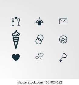 Set of 9 perfect miscellaneous icons. Vector illustration. Includes heart, angel, wine glass, message, ice cream, donut, ring,heart balloon, heart key vectors.